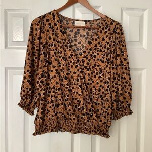 EUC Melloday Brown Black Top S V Neck Floral Print Elastic Waist 3/4 Sleeve